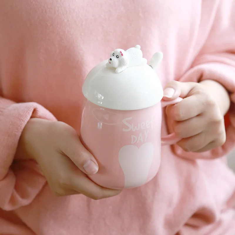 

Mug Creative Cartoon Animal Puppy Ceramic Cup with Cover Spoon Art Cup Lovers Coffee Cup Fashion Men and Women Water Cup