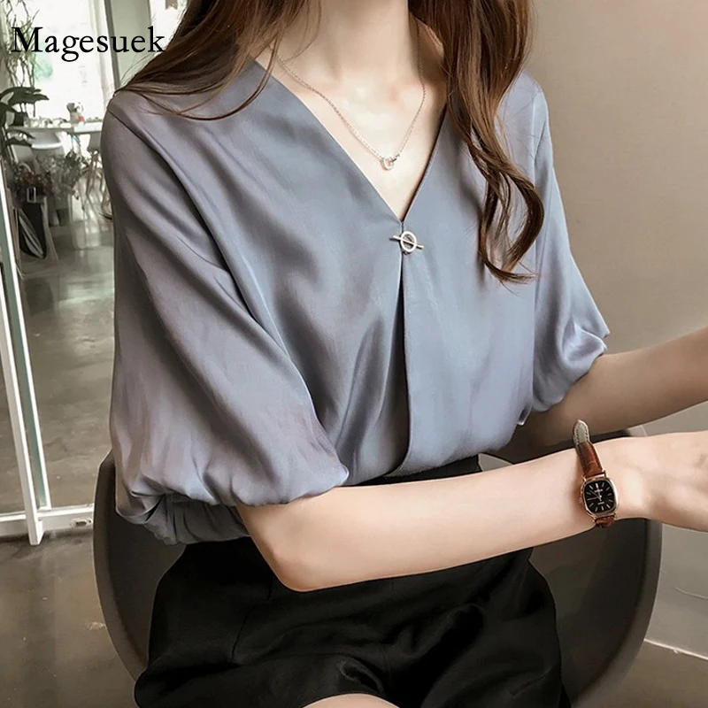 

4XL Elegant Summer Short Sleeve Women Tops Korean Elegant Gentle V Neck Blouse Female Loose Slim Chic Cuffs Shirt Blusas 14089