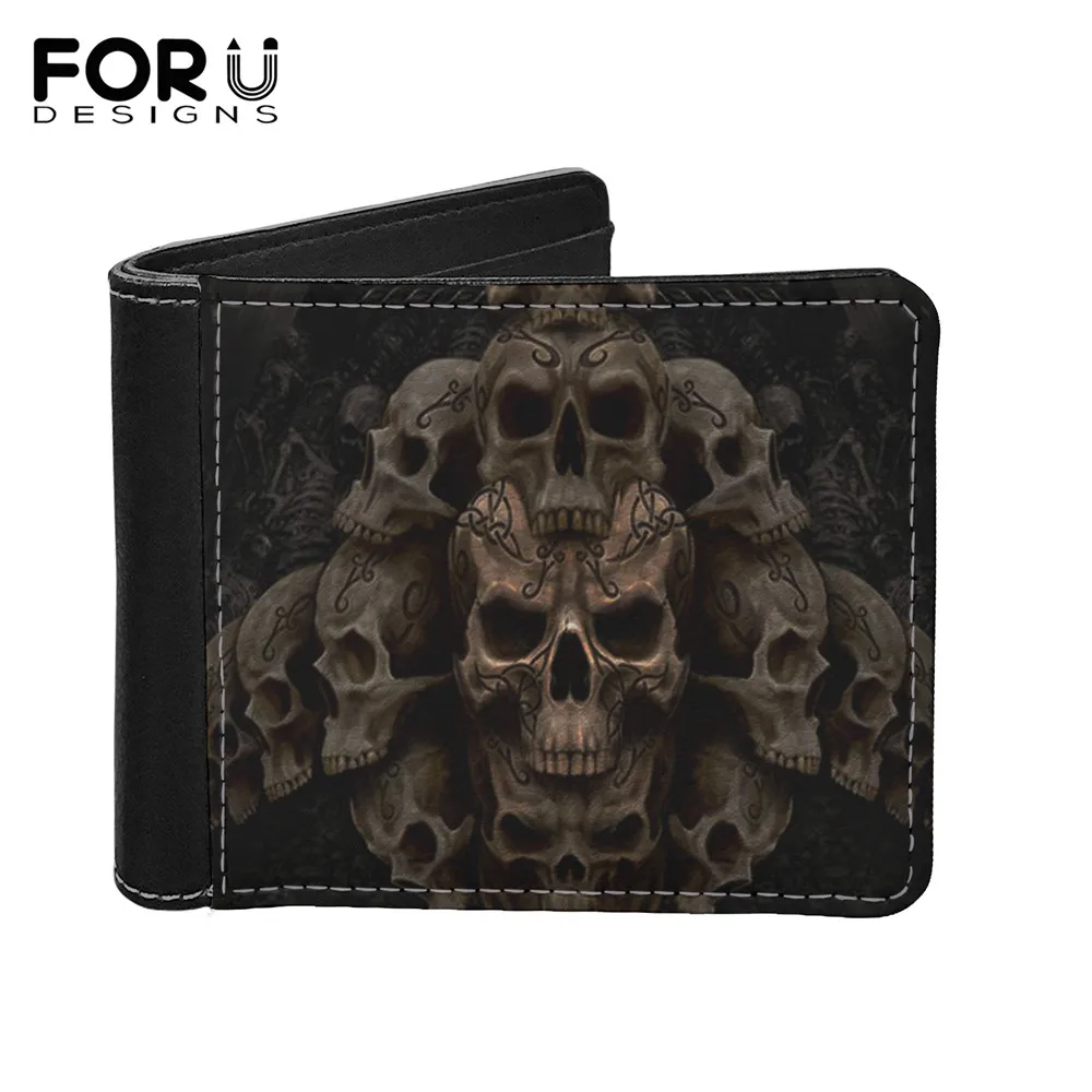

FORUDESIGNS Day of The Dead Skull Print Slim Wallet Men's Leather Money Coin Bags Mini Thin Card Holders Bifold Purses Homme New