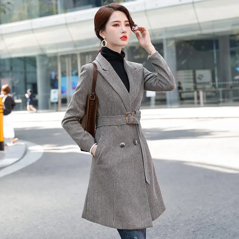 

2020 New Suit Collar Belt Waist Windbreaker Women Cardigan Coat Temperament Mid-length Women Autumn Plus Size Blazer S-5XL Y216