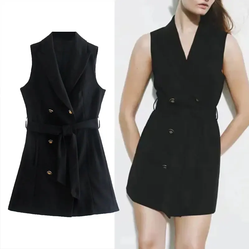 

Za Vest Women Fashion With Belt Office Double Breasted Waistcoat Vintage Sleeveless Jetted Pockets Chic Female Vest Coat Mujer