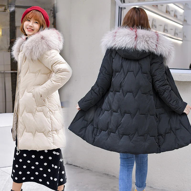 Женская длинная парка с воротником из искусственного меха на пуху х/б