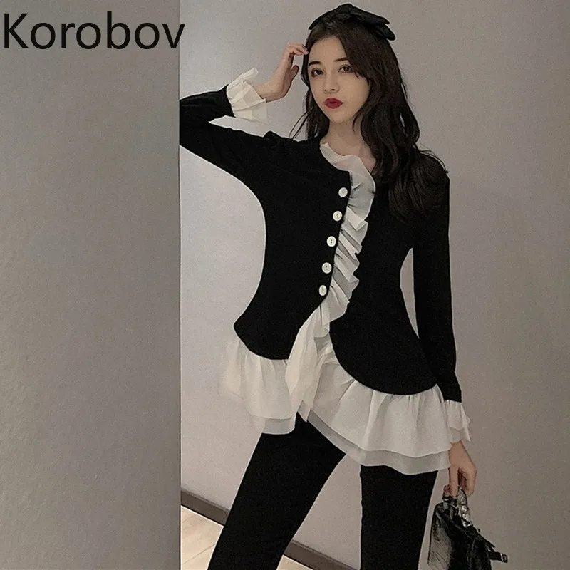 Женские винтажные блузки с рюшами Korobov короткие Вязаные Рубашки в Корейском