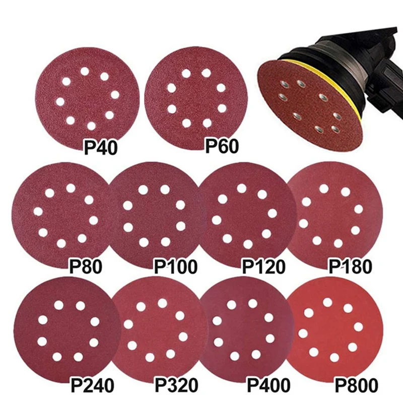 

100PCS Disc Sandpaper 125MM Brushed Sheet 5 Inch 8 Hole Back Flock Dry Sanding Paper Sheet Self-Adhesive Flocking Disc