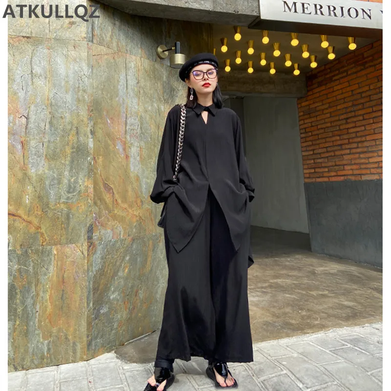 

lady suit light cooked style large size western style long sleeve shirt + black wide leg pants minimalist style two-piece suit