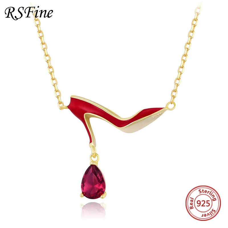 

925 sterling silver red high heeled shoes necklace enamel glaze new Lipstick drop pendant Noble elegant Fine jewelry For women