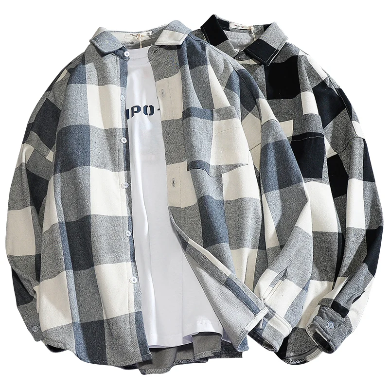 Черно-белая клетчатая рубашка мужская Корейская Толстая Осенняя зимняя