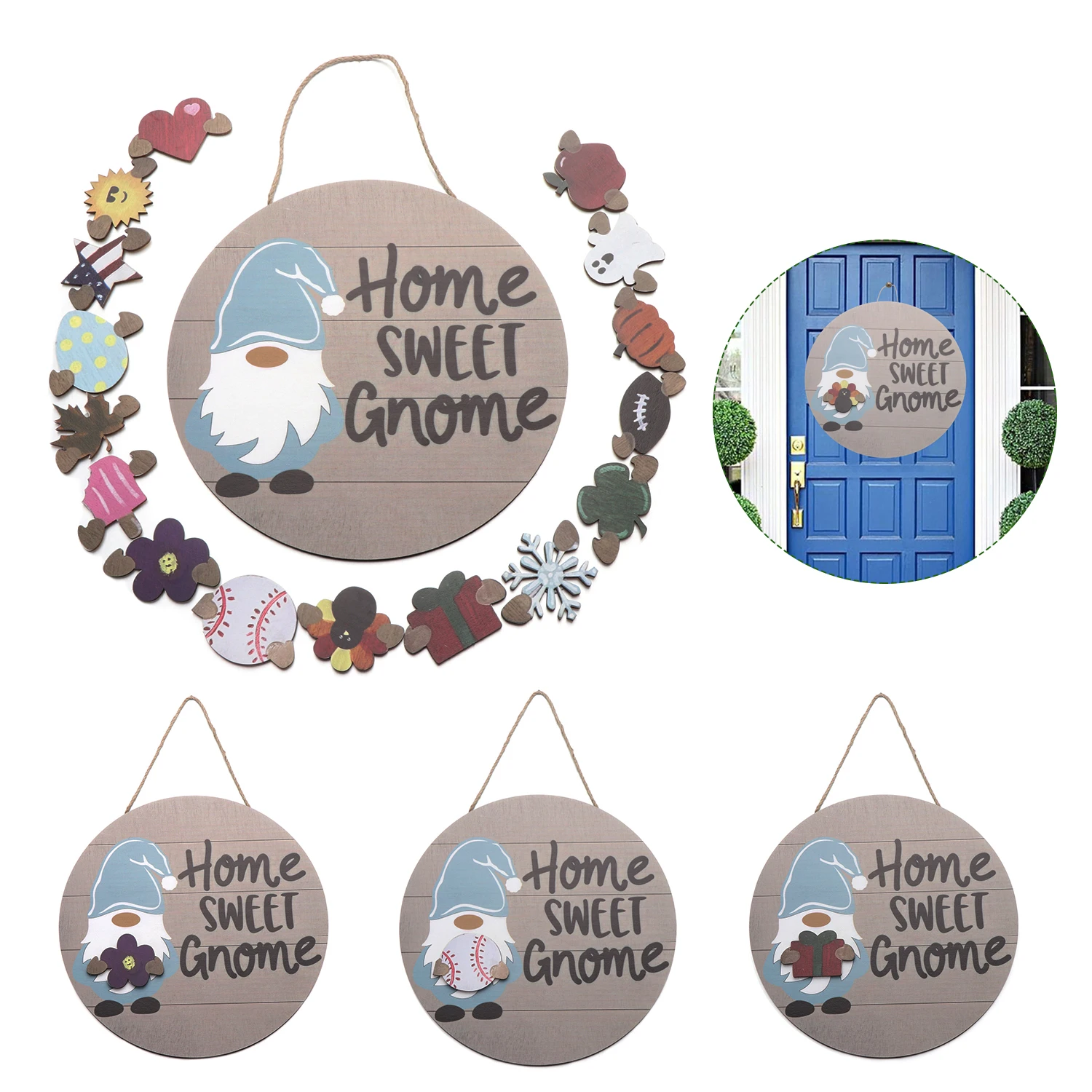 

Gnome Door Hanger Seasonal Welcome Door Sign Hanging Front Door Sign with 16 Holiday Pieces for Christmas,Easter,Halloween