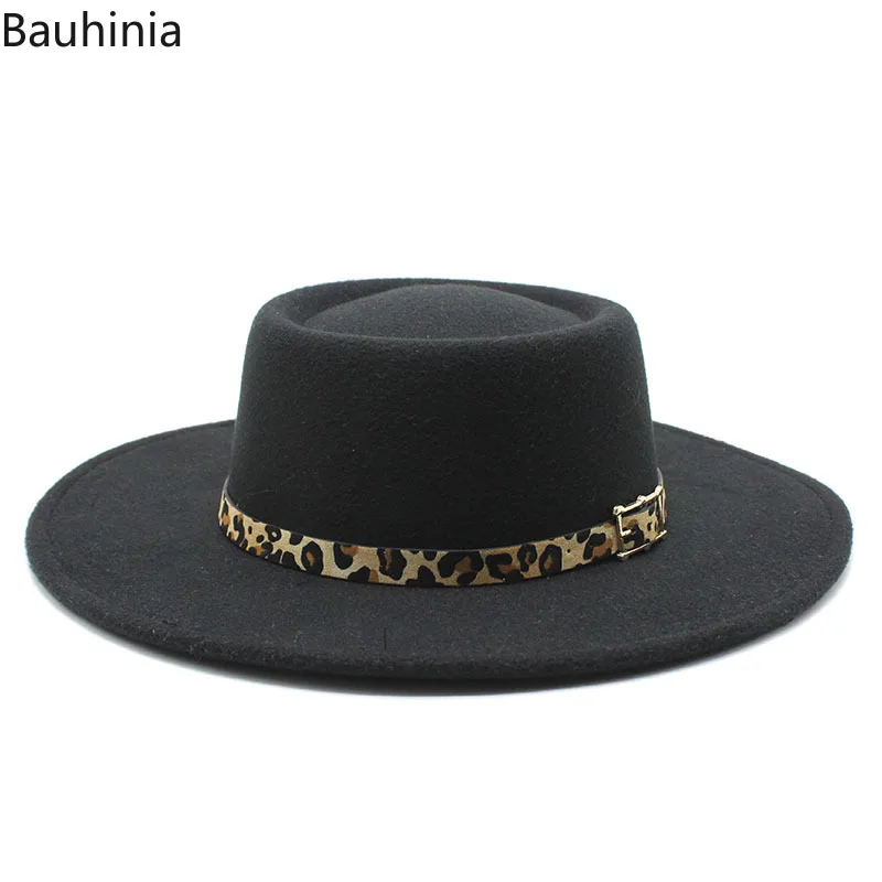 

The new Vintage Autumn Winter Fedora Hat Fashion Leopard Decoration Big Eaves Bowler hat Ring-Rhaped Flat-Top Felted Jazz Hats