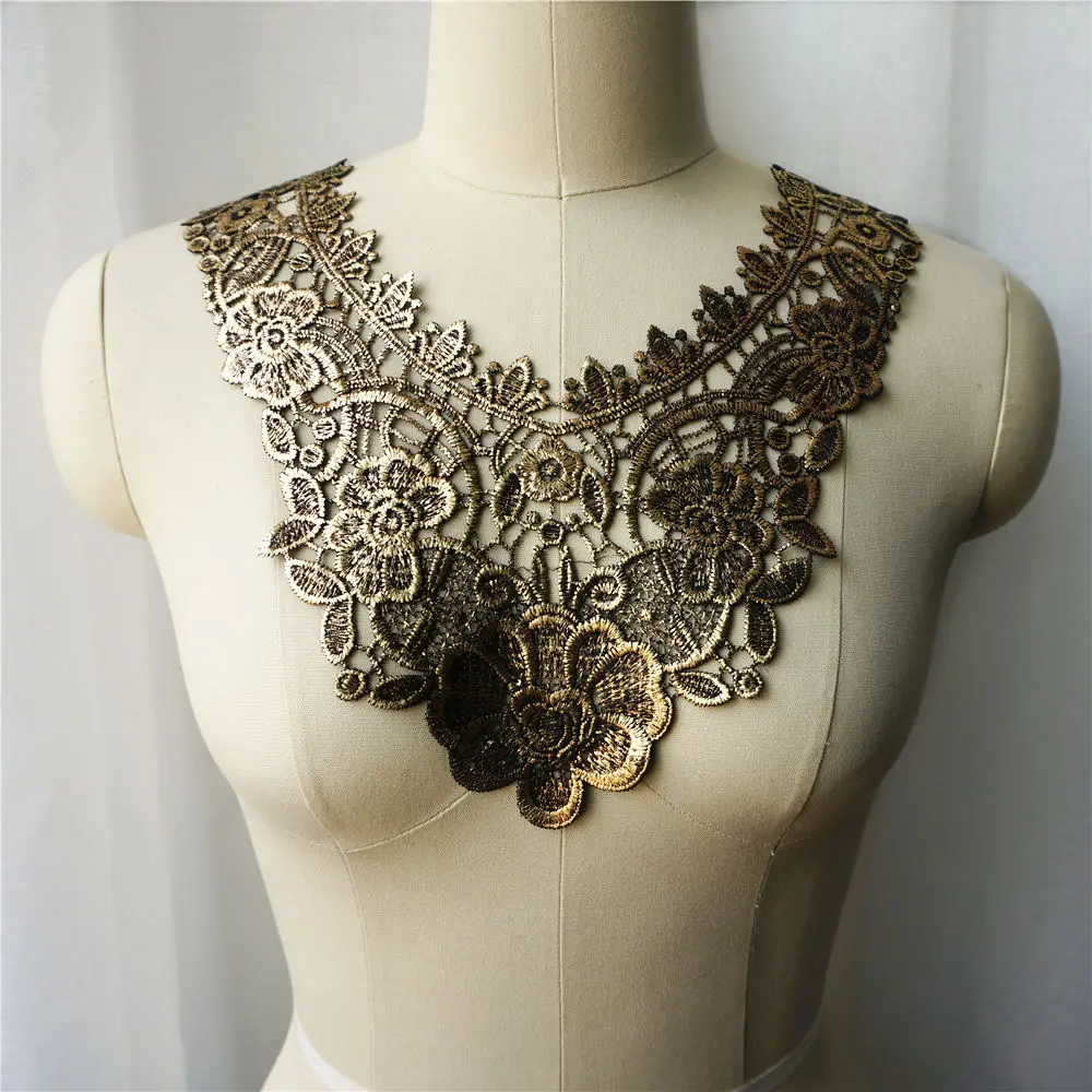 Бронзовый цветок воротник вышитые свадебное платье аппликация кружево ткань