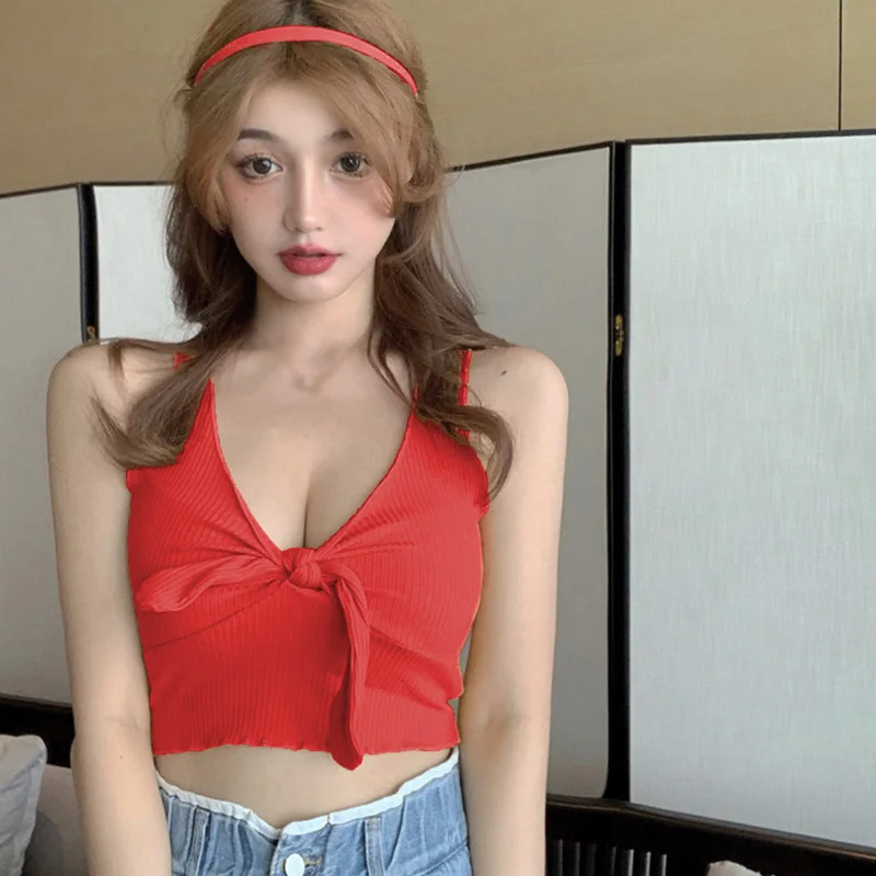 

Lace-Up Sexy Deep V Sleeveless Vest Top Bow Knot Knit Plain Cropped Top Short Style Casual Beach Tanks