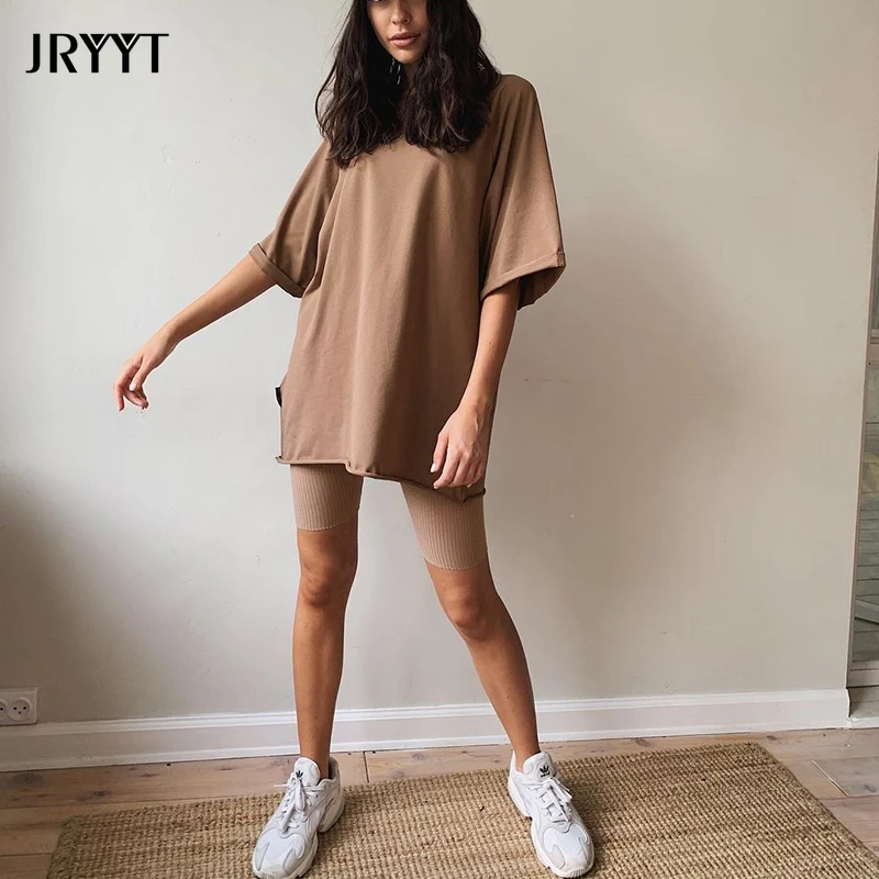 

Женский трикотажный комплект JRYYT, комплект из 2 предметов, однотонная хлопковая футболка с коротким рукавом, топ большого размера, спортивны...