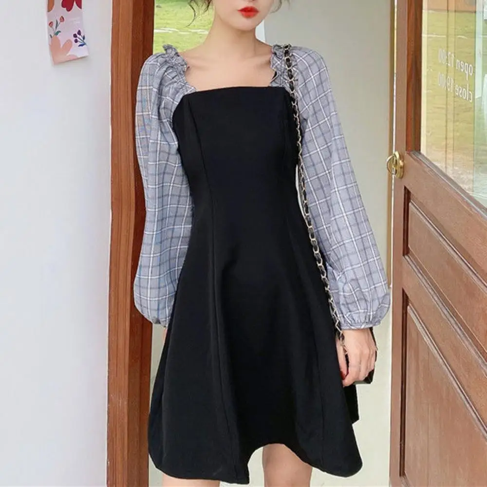

New Fashion Elegant Women Long Puff Sleeve Patchwork Waist Tight Large Hem Dress Pullover Dresses Women 2021 Chic Casual Sweet