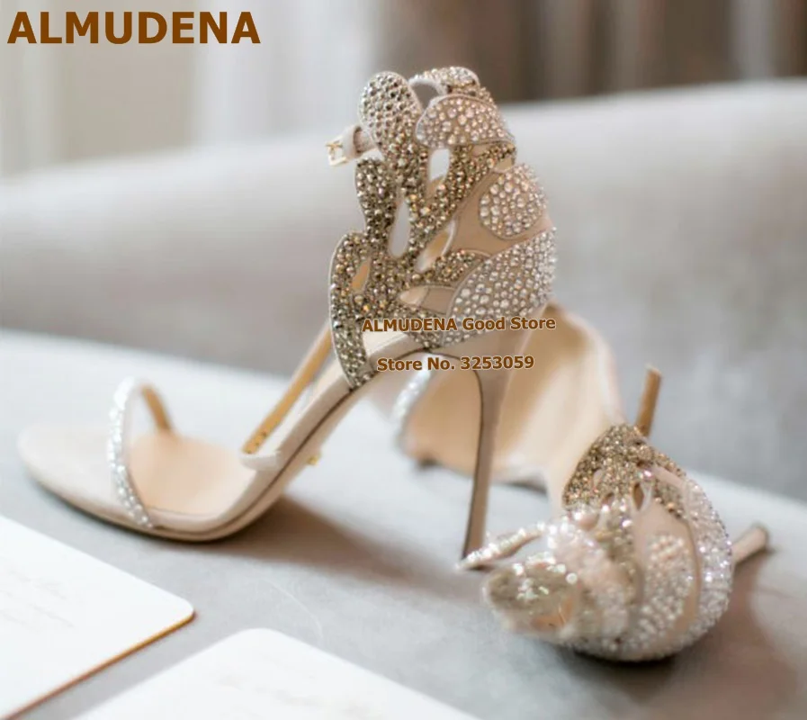 ALMUDENA Champagne Wedding Shoes Rhinestone Stiletto Heels Bridal Sandals Bling Bling Butterfly Shape Floral Crystal Dress Pumps