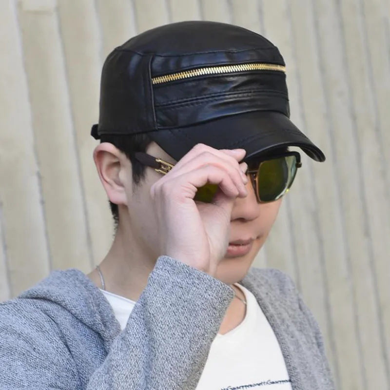 

T-MAC New fashion Military hats for men women adjustable Flat top Genuine Leather caps sun hat gorras