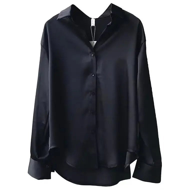

Silk Korea fashion office women's elegant shirt top women's Fashion Button Satin shirt retro white Long Sleeve Shirt Top c4319
