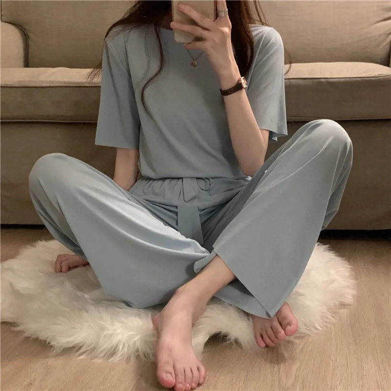 Pajama Sets Women Short Sleeve Solid Simple O-neck Full Length Pants Elastic Waist Leisure Loose Cotton Comfortable Elelgant New