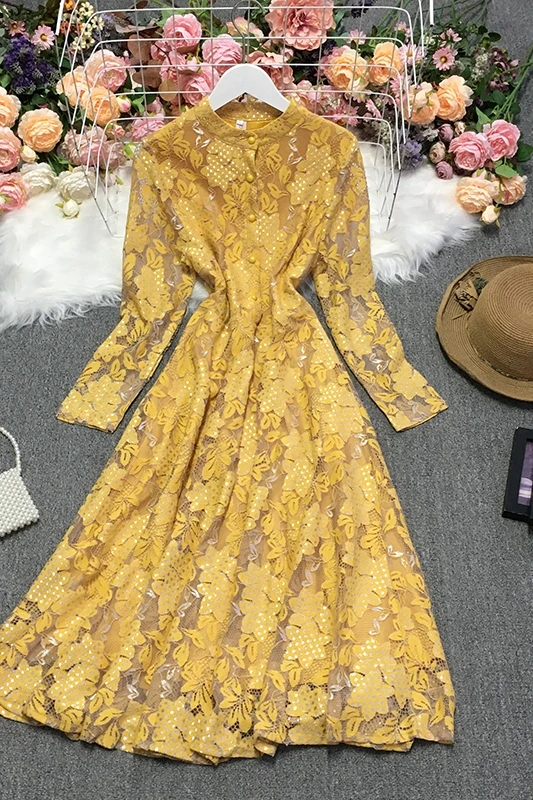 

2021 New Spring Temperament All-match stand collar long sleeve Dress waist slim single breasted lace Dress