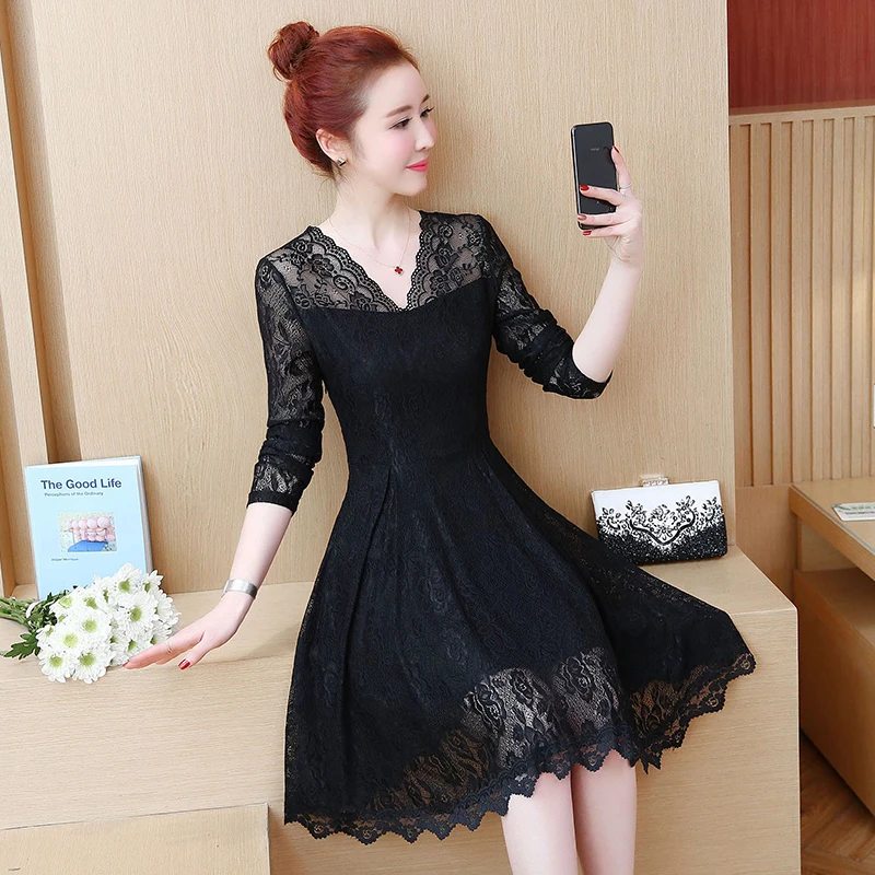 

L-5XL plus size women sexy lace dress vestido autumn 2020 fashion hollow out long sleeve v neck elegant casual mini dresses