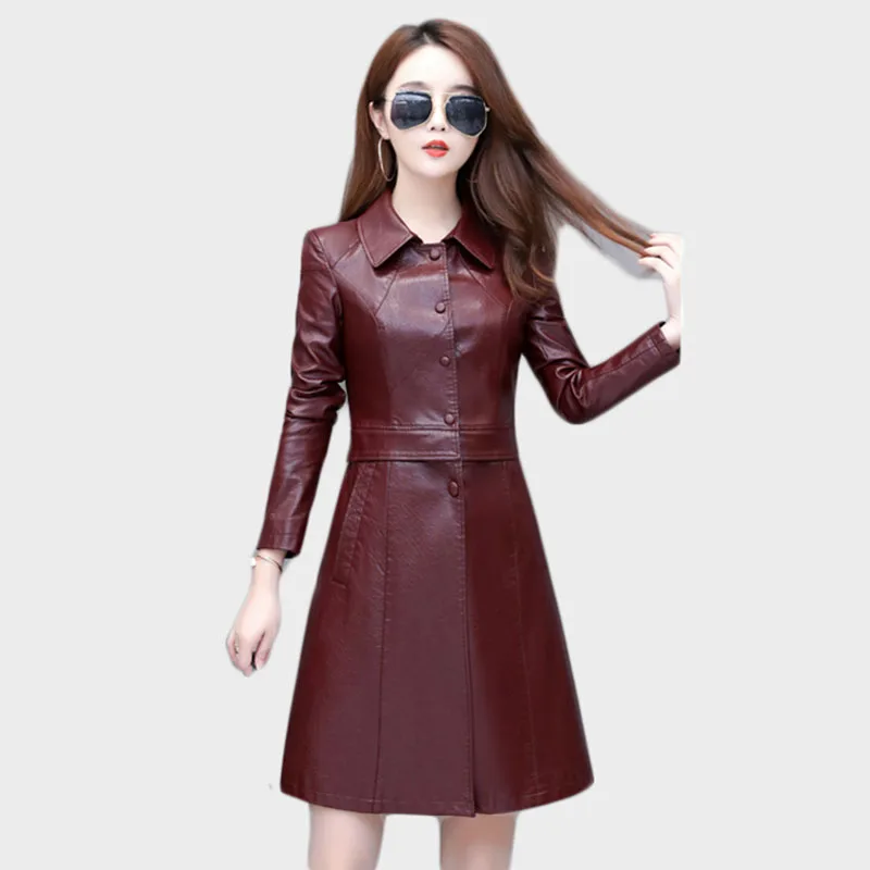 2020 Elegant Women leather coat High quality autumn trench coat Large size leather jacket Youth clothing for women long coats 96