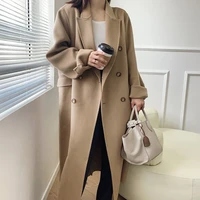 winter 2021 korean elegant retro suit collar double breasted long loose black 100 wool coat women woolen overcoat oversized