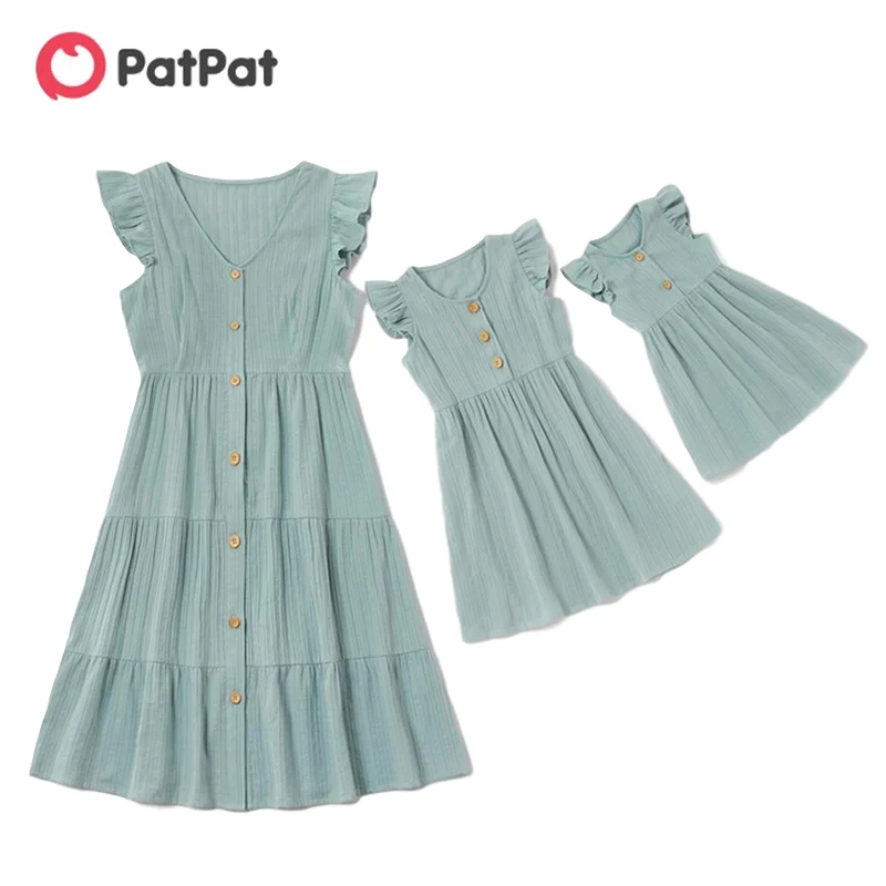 PatPat New Arrival Summer Cotton Solid Ruffle Matching Dresses Matching Outfits Mommy and Me Mother and Children's Clothing