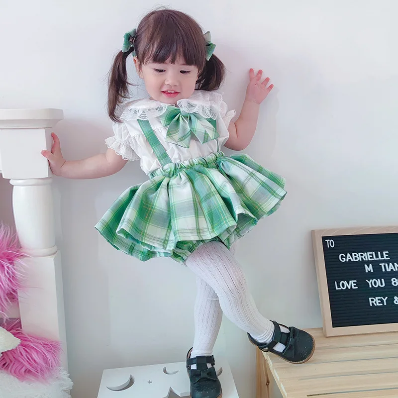 Baby Girl Skirt Suit 2021 Children Summer Clothes Kids Green Strap Skirt+Bow 2 Pieces Toddler Tutu Skirt Birthday Party Clothes