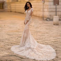 sexy v neck mermaid wedding dress for 2021 organza lace appliques button design full sleeves sweep train de noiva custom made