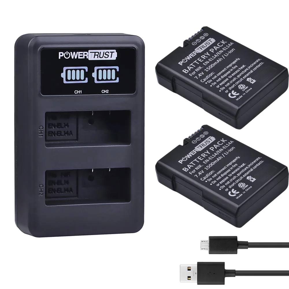PowerTrust 1x1500 мА/ч, EN-EL14 EN-EL14a RU EL14 Батарея+ светодиодный Dual USB Зарядное устройство для Nikon D300 D5300 D5200 D5100 D3300 D3200 D3100 - Цвет: 2Battery and Charger