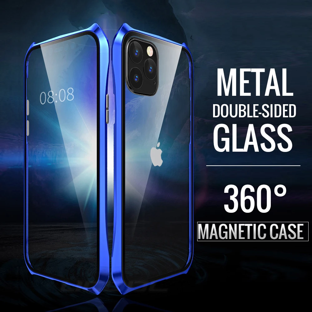 Двухсторонний задний+ передний стеклянный Магнитный чехол для Apple iPhone 11 Pro Max Роскошный Алюминиевый металлический бампер 360 Защитный чехол с петлей