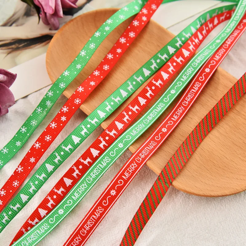 

1cm Christmas Ribbon Snowflake Tree Elk Deer Printed Webbing Merry Christmas Gift Box Packaging Lace Red Green Ribbon
