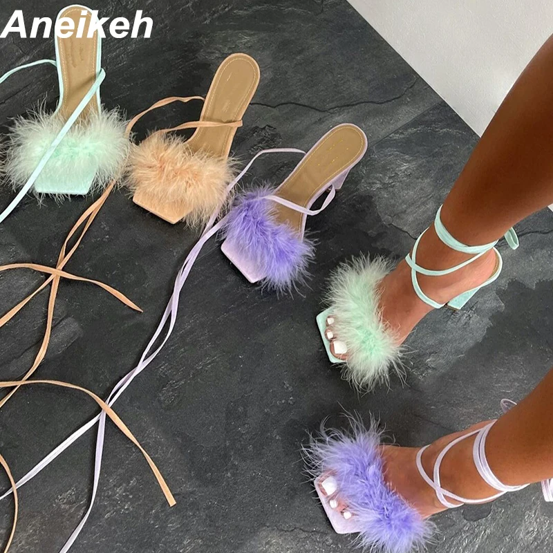 Aneikeh NEW Summer Rome Fashion Furry Cross-Tied Women Pumps 2023 Sexy 11CM Thin High Heel Lace-up Dress Party Ladies Sandals