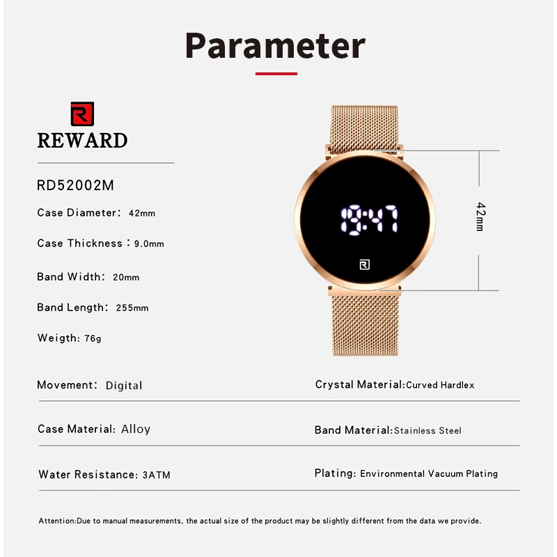 

REWARD Men's Digital Watches Week/Calendar Display Touch Screen Waterproof Luxury Top Brand Rose Gold Relgio Male Watches