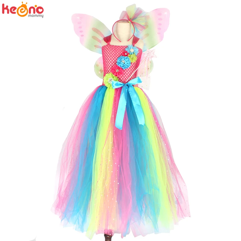 Платье-пачка с радужными бабочками для девочек крыльями и повязкой на голову