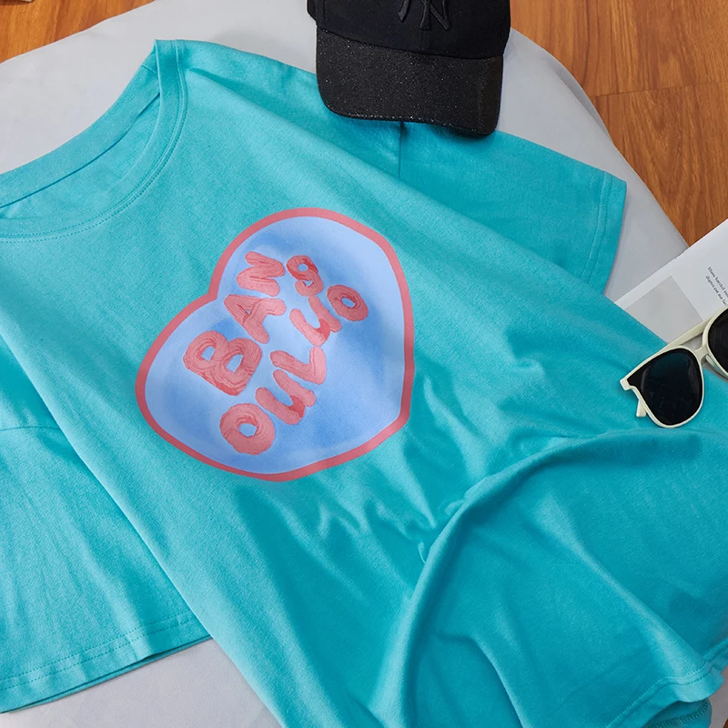 

Oversize T-shirts 2021 Women's Summer Casual Short Sleeves Cotton tshirt Blue White Tops Korean Girls Loose Harajuku Tees