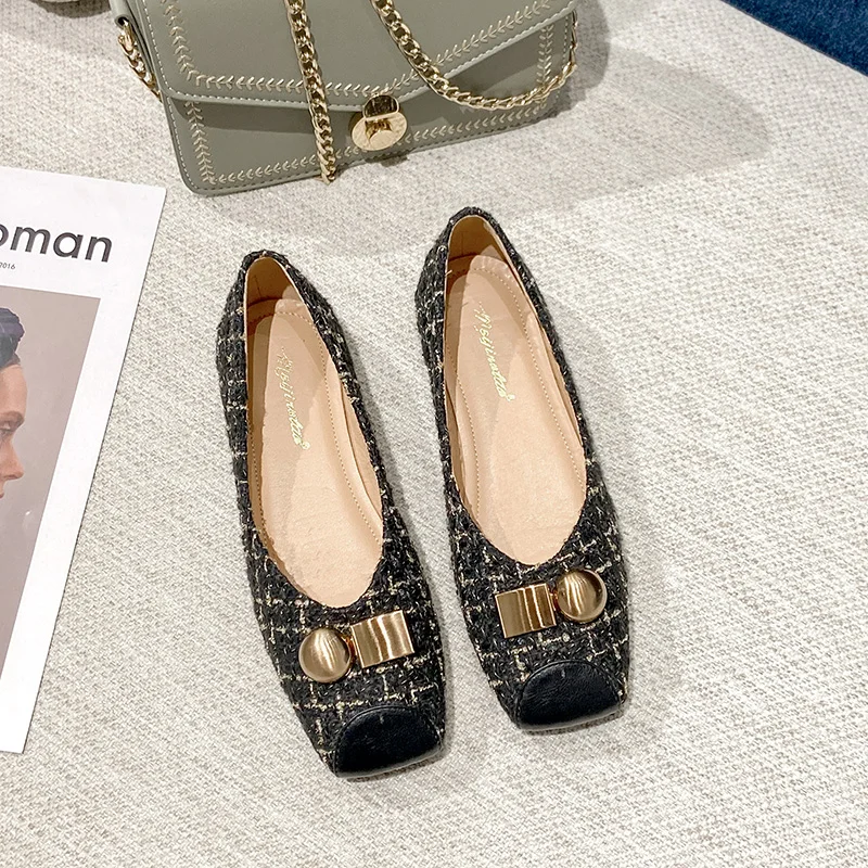 

metal classic weaving Shallow Mouth Shoes Elegant Square Head Soft Bottom Shoes With low Heels womens shoes zapatos de mujer