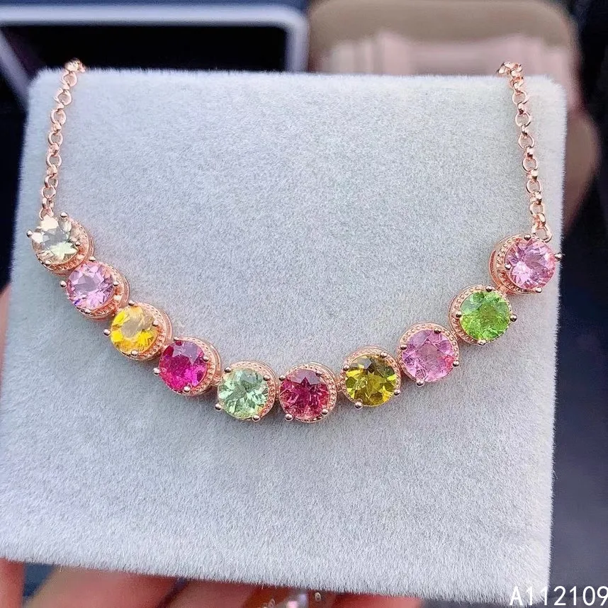 

Fine Jewelry 925 Sterling Silver Inset With Natural Gemstone Women's Luxury Lovely Round Color Tourmaline Hand Bracelet Support