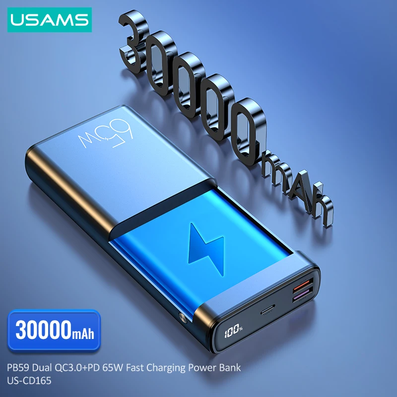 usams 30000mah 65w pd qc fcp afc fast charging power bank with 100w usb c cable for iphone huawei xiaomi tablet laptop battery free global shipping