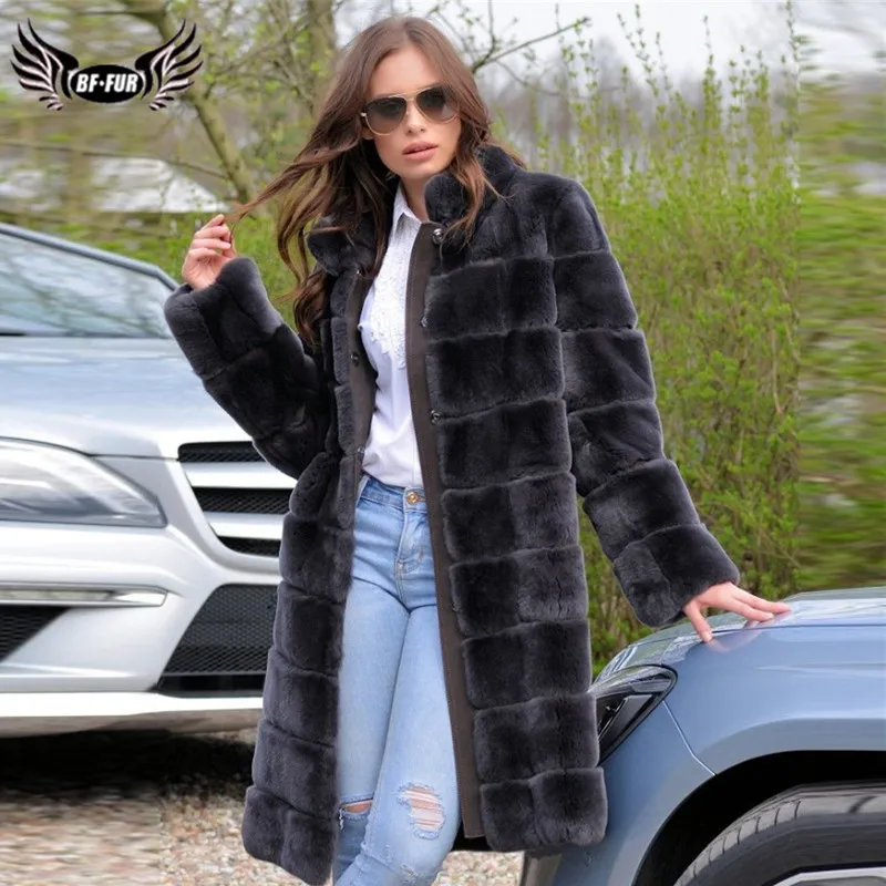 2022 Winter Fashion Long Rex Rabbit Fur Coat For Women Dark Grey Natural Genuine Rabbit Fur Jacket Stand Collar Female Overcoats