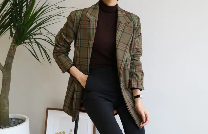 Женский винтажный двубортный блейзер в клетку куртка с карманами женское