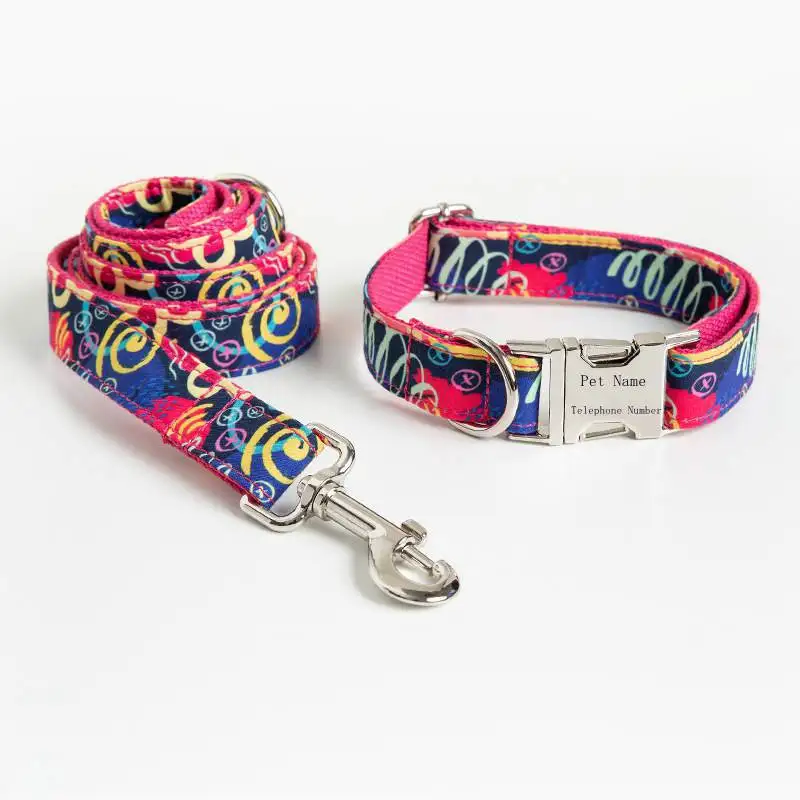 

Brethable Personalized Pet Dog Collar and Traction Rope Set Graffiti Style Custom Dog Collar Leash For Small Medium Large Dogs