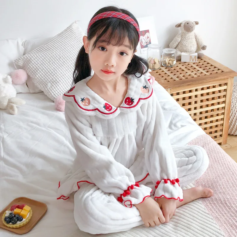 

Child Pajama Set O-neck Patchwork Lace Ruffles Leisure Fashion Soft Plush Thick Sweet Coral Fleece Homewear Warm Girls sleepwear