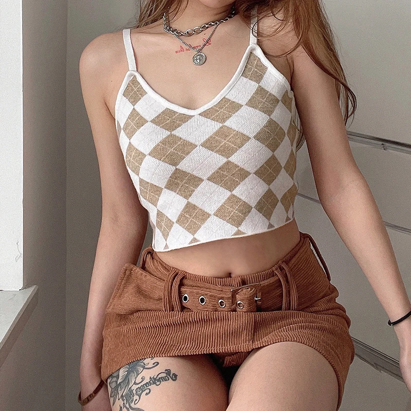 

Women 2021 Sweet Fashion Argyle Cropped Knitted Tank Tops Camisole Vintage Backless Straps Female Camis Chic Tops Y2K Brown New