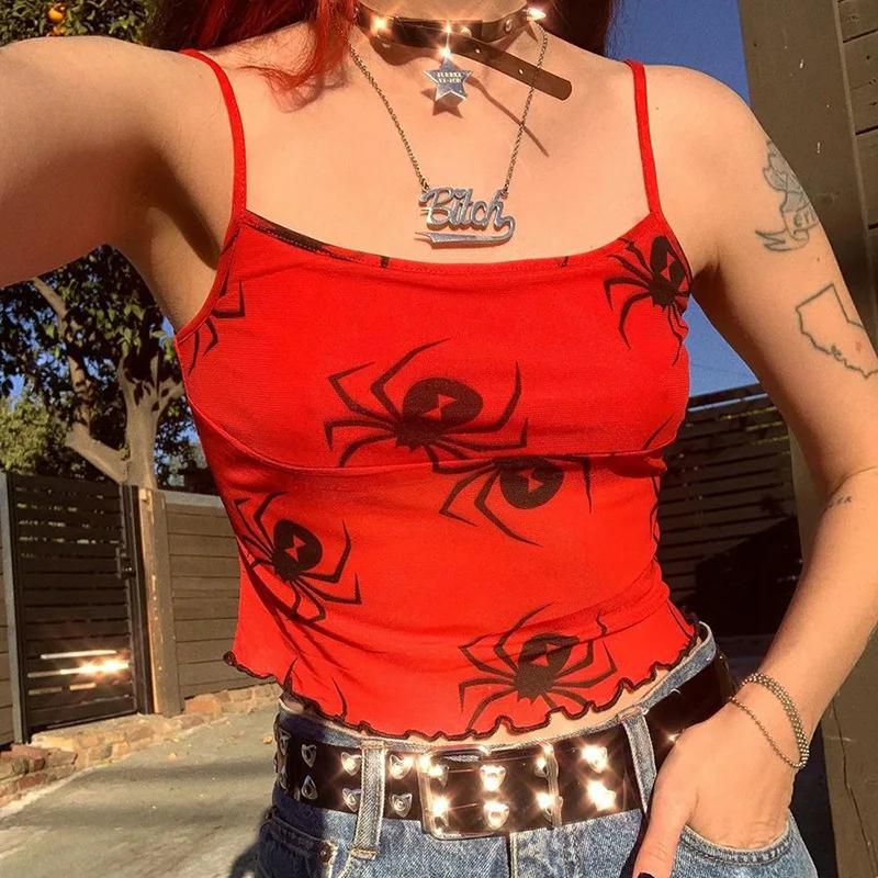 

Y2k Aesthetics Print Cropped Sexy Spaghetti Strap Cami Top 2021 Women Fashion Gothic Ruffles Hem Sleeveless Tops 90s Streetwear