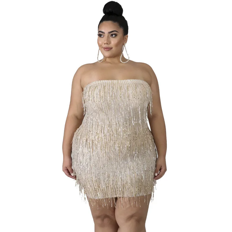 Adogirl Plus Size XL-5XL Women Tassel Sequins Strapless Mini Dress | Женская одежда