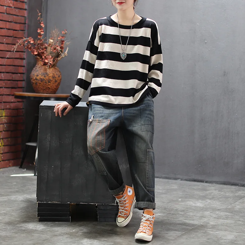 Autumn Sweater Women Retro Loose Knitting Pullovers 2019 New Ladies Tops O-Neck Long-sleeved Striped Casual Mori girl | Женская одежда