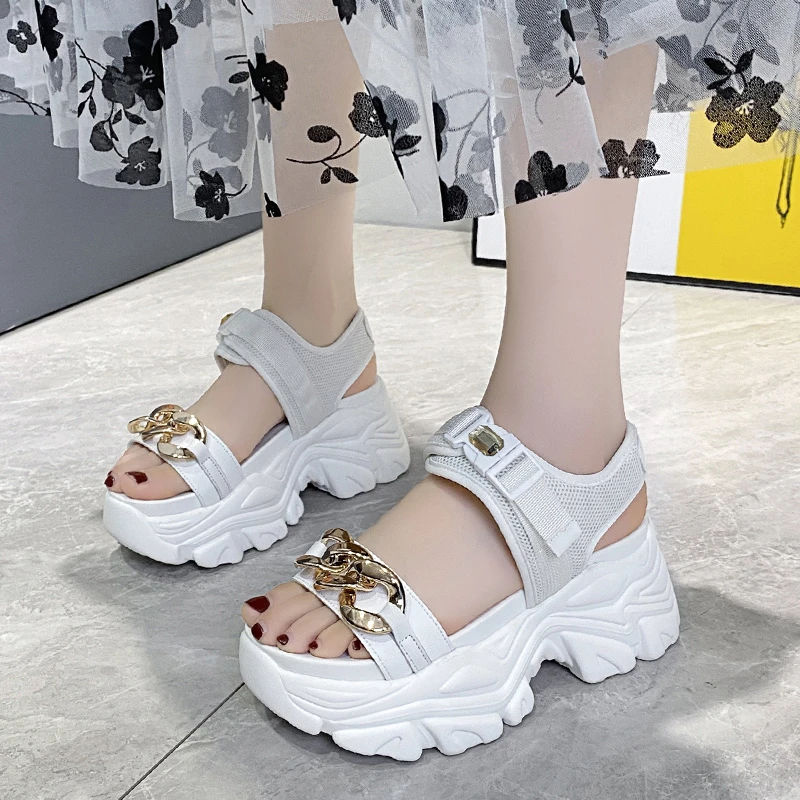 

New Chunky Platform Sandals Women 2021 High Heels Sexy Open-toed Sandals Wedges Metal Sneakers 7CM Ladies Beach Summer Sandalias