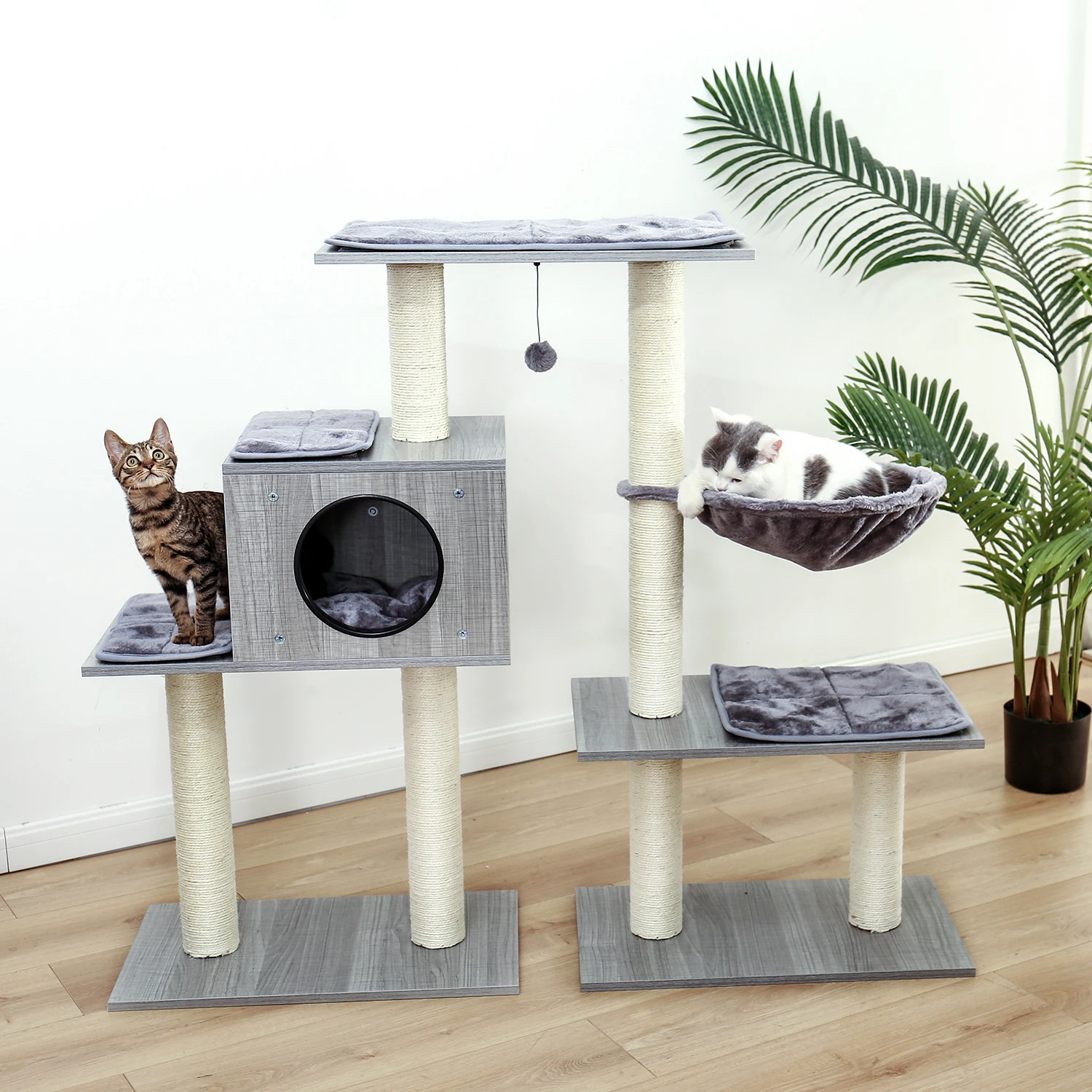 Luxury Cat Tree House Kitten Jumping Natural Scratching Post for Kitten Hanging Ball Multi-Functional Cat Tower Spacious Hammock