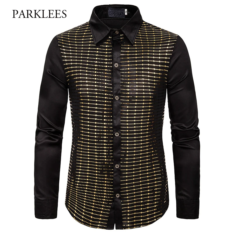 Рубашка мужская с золотыми блестками шелковая атласная пайетками | Мужская