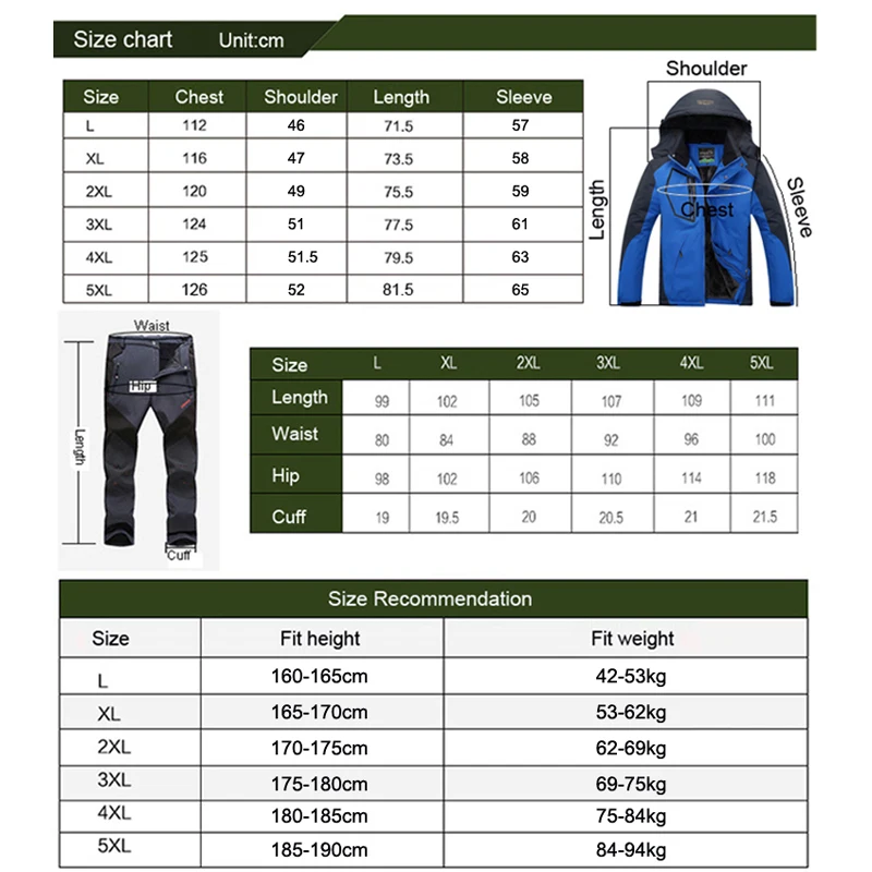 

TRVLWEGO Outdoor Hiking Suit Men's Windproof Waterproof Thermal Snowboard Snow Skiing Jacket&Pants Suit Winter Sports Clothes
